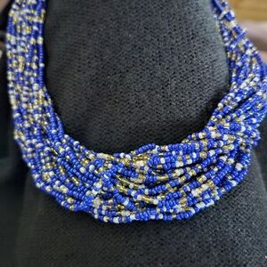 Chic Blue and Gold Beaded Necklace